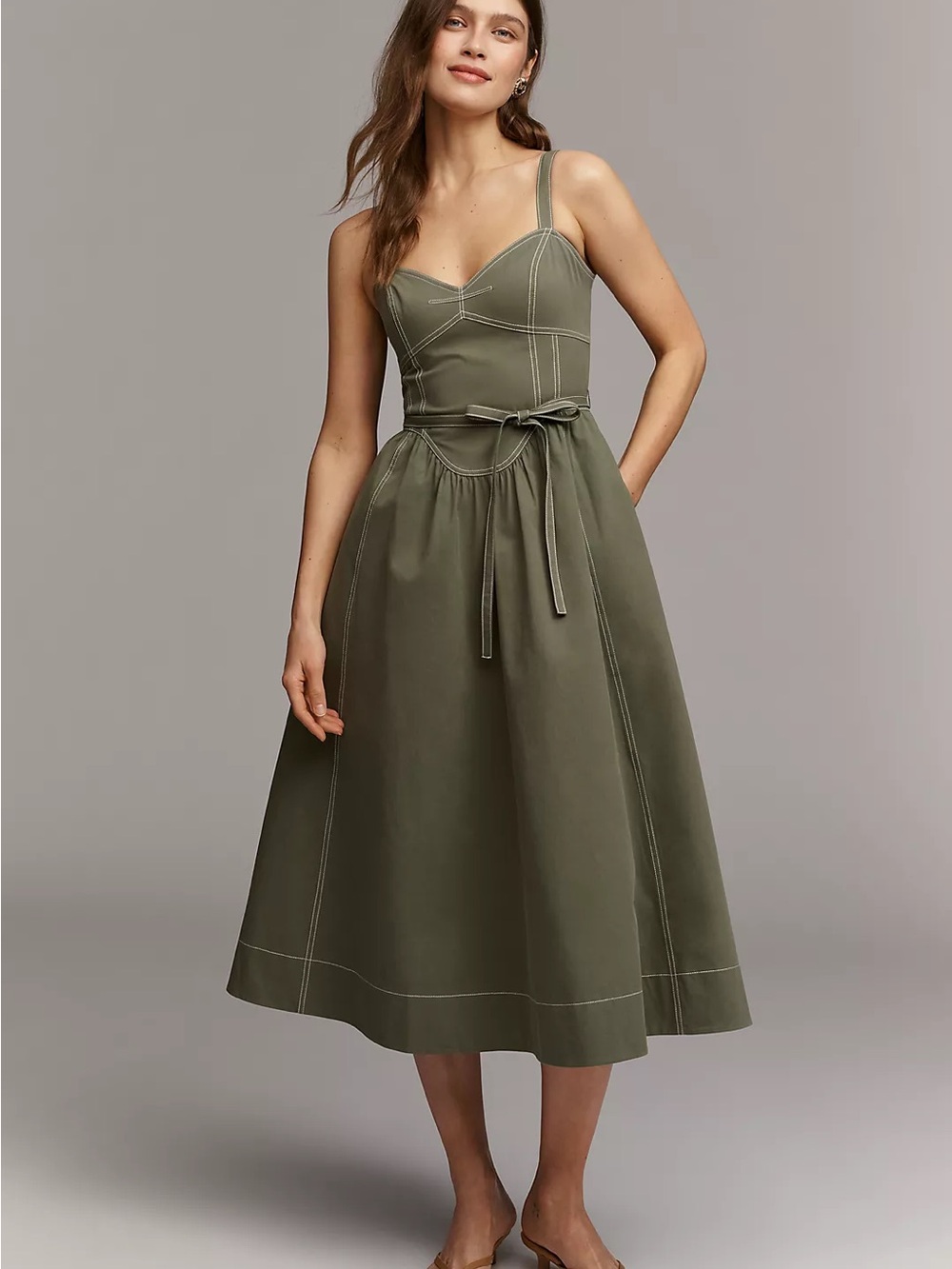 Anthropology Mare Mare Olive Cotton Seamed Midi Dress Size Large